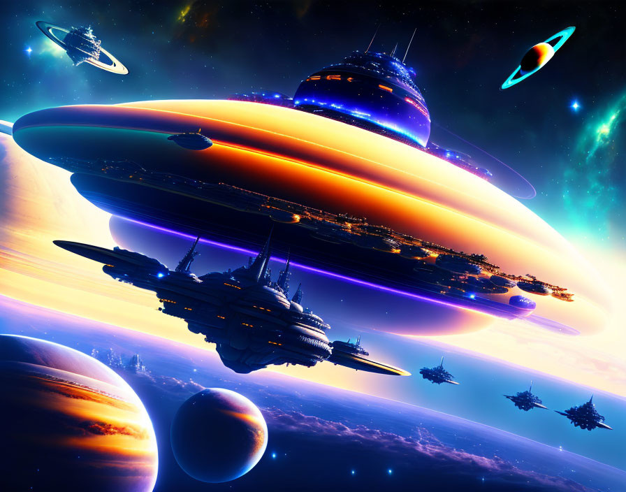 Vivid Sci-Fi Space Scene with Futuristic Spaceships