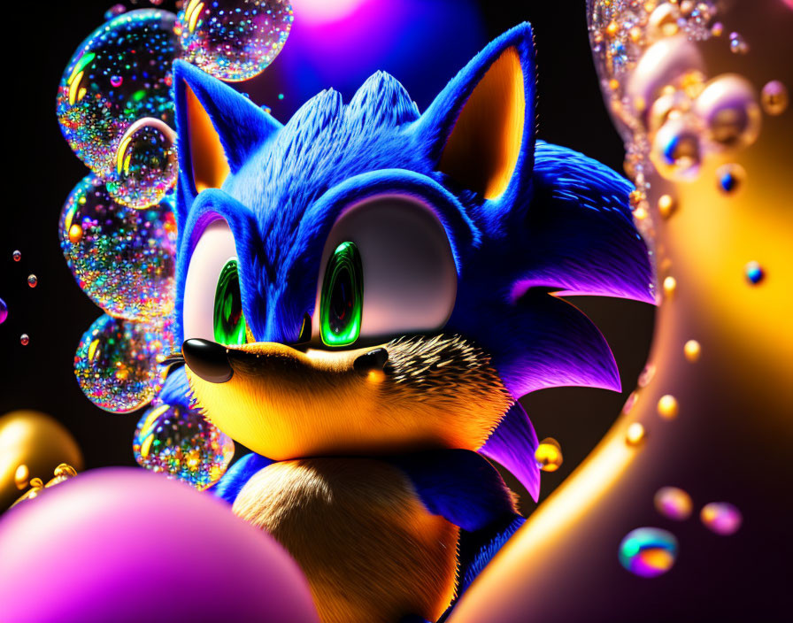 Colorful 3D Sonic the Hedgehog illustration with green eyes and bubbles on black background