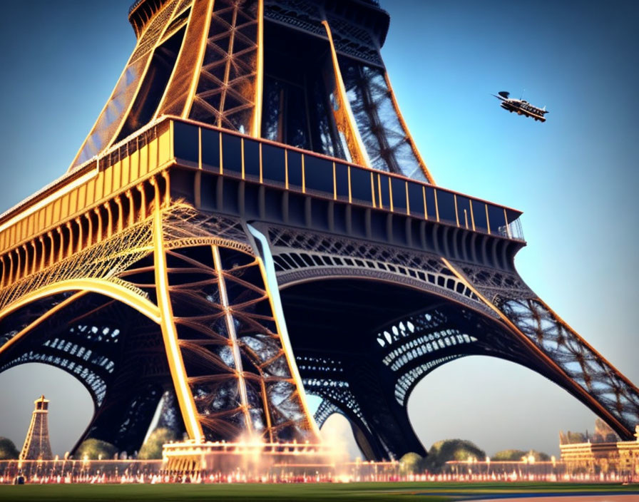 Iconic Eiffel Tower at sunset with warm light and plane in sky