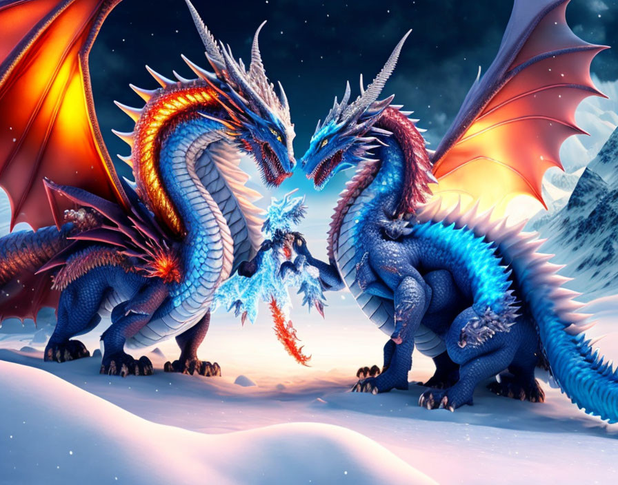 Vibrant blue and red dragons breathing ice and fire in snowy landscape