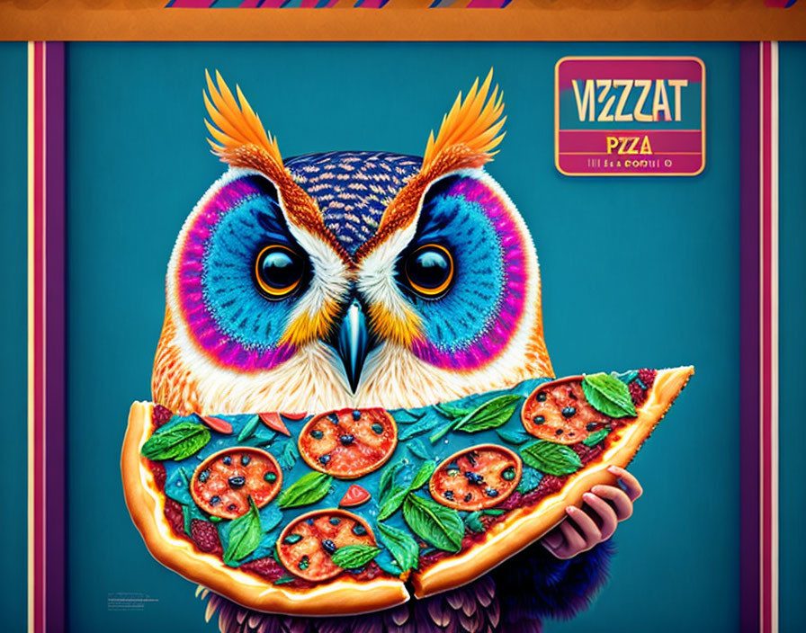 Vibrant Owl Holding Pizza Slice on Blue Background with Logo