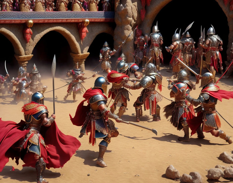 Miniature Roman toy soldiers in battle formation on sandy arena with structure