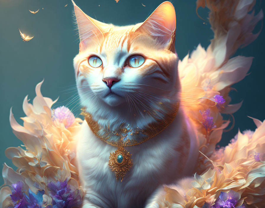 Orange Cat with Blue Eyes and Gold Necklace Surrounded by Feathers and Flowers