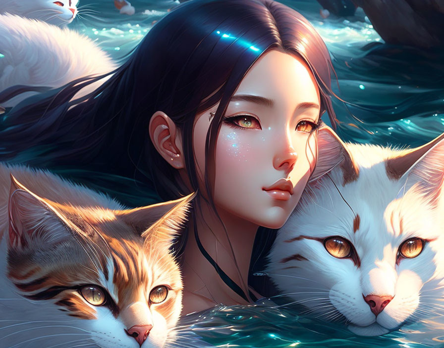 Digital artwork: Woman with blue hair accents, serene floating cats, soft light.