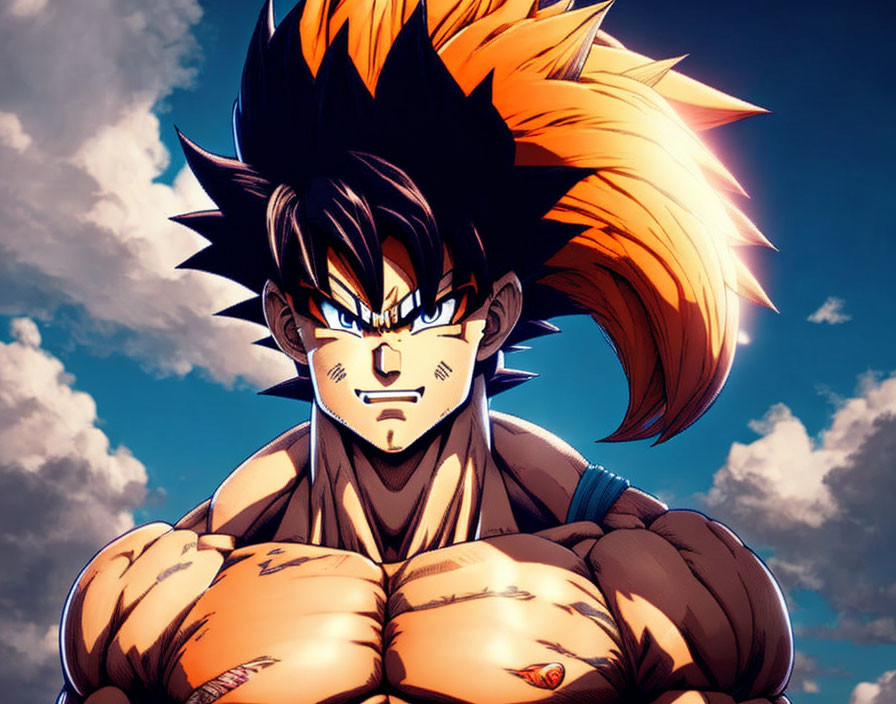 Muscular anime character with black and orange spiky hair under dramatic sky