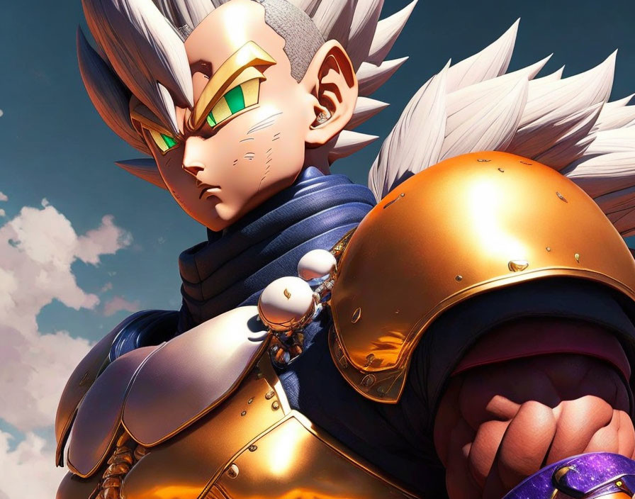 Animated character with spiky hair, green eyes, gold and purple armor