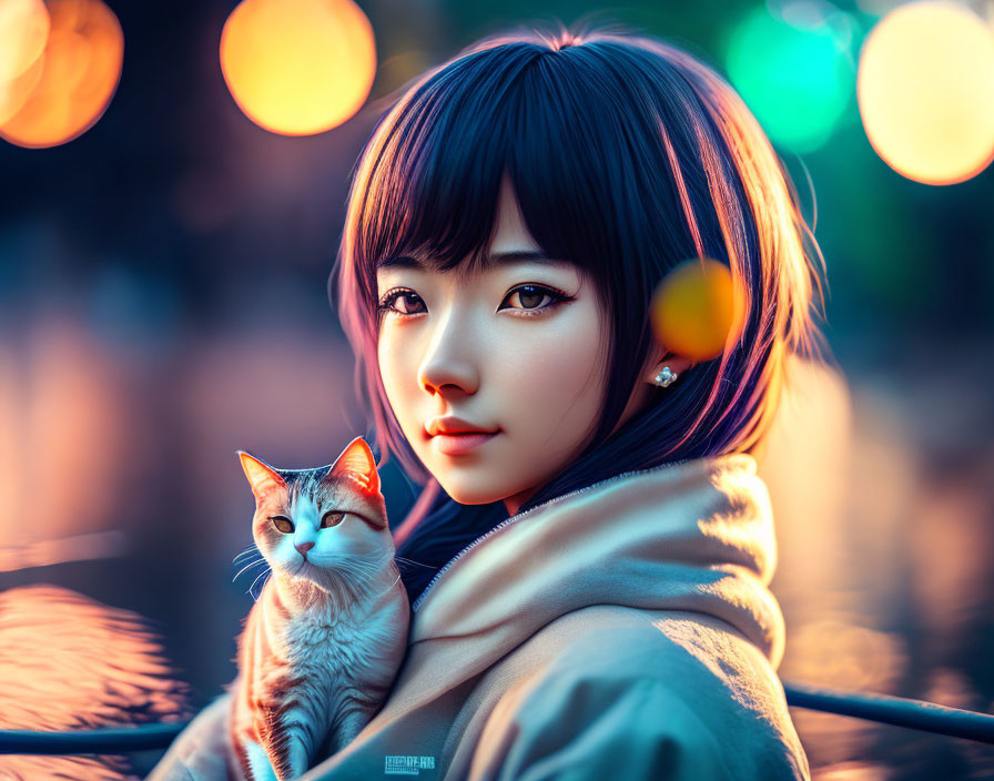 Woman with Bob Haircut Poses with Cat in Warm Autumnal Setting