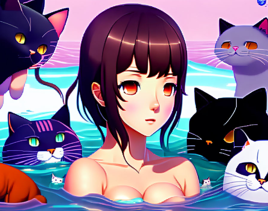 Illustration: Girl with short brown hair in pink water with whimsical cats