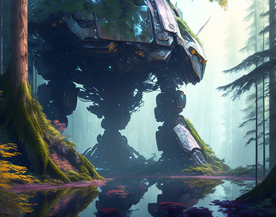 Giant futuristic mech in misty forest with reflective water.