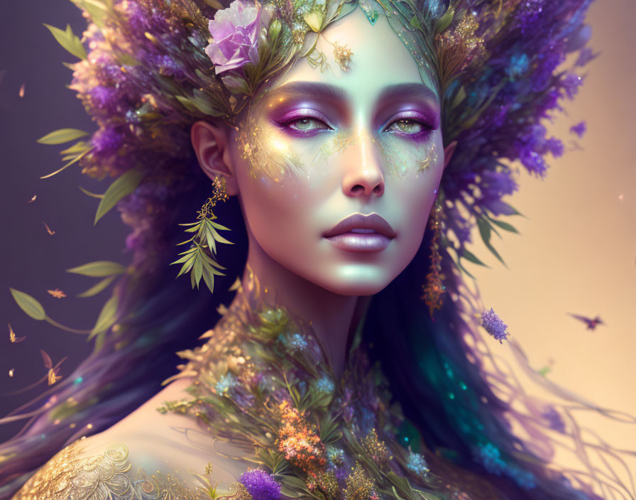 Fantastical portrait of a woman with floral adornments and pastel colors