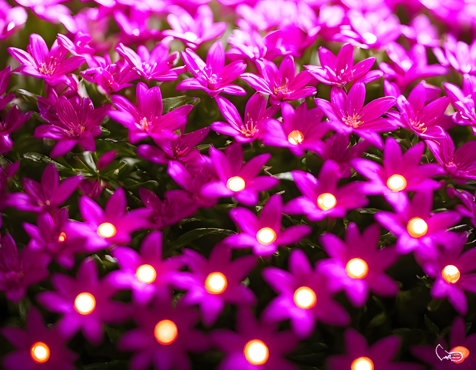 Vibrant pink flowers with yellow centers in softly lit field