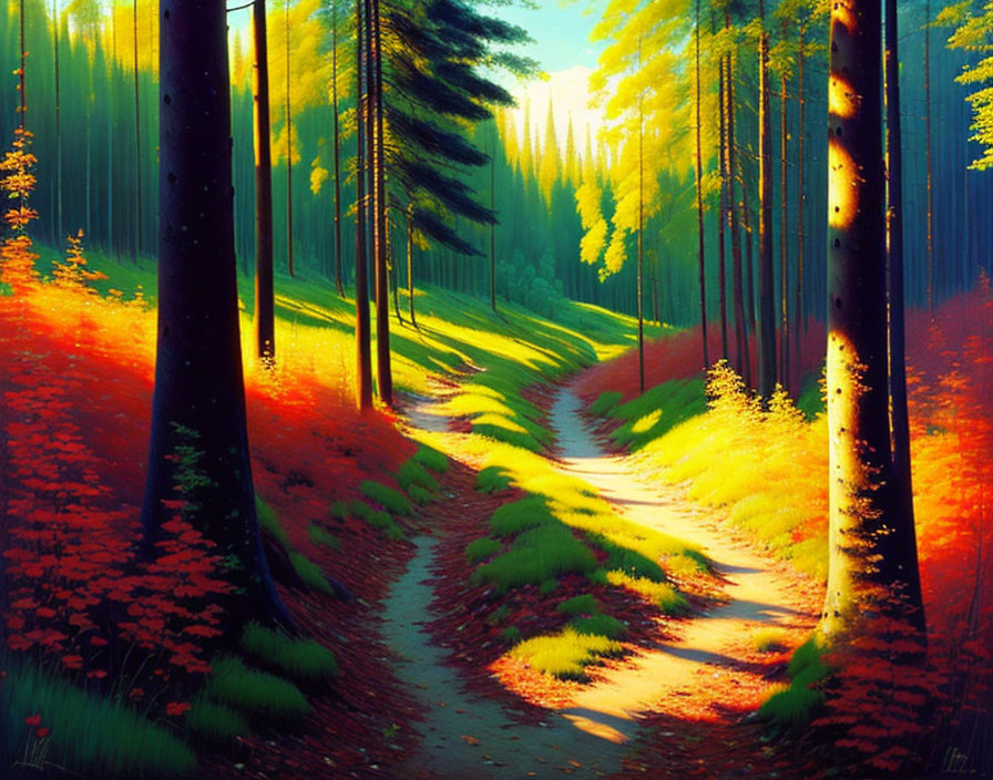 Enchanting Forest Path with Towering Trees and Sunlight Glow