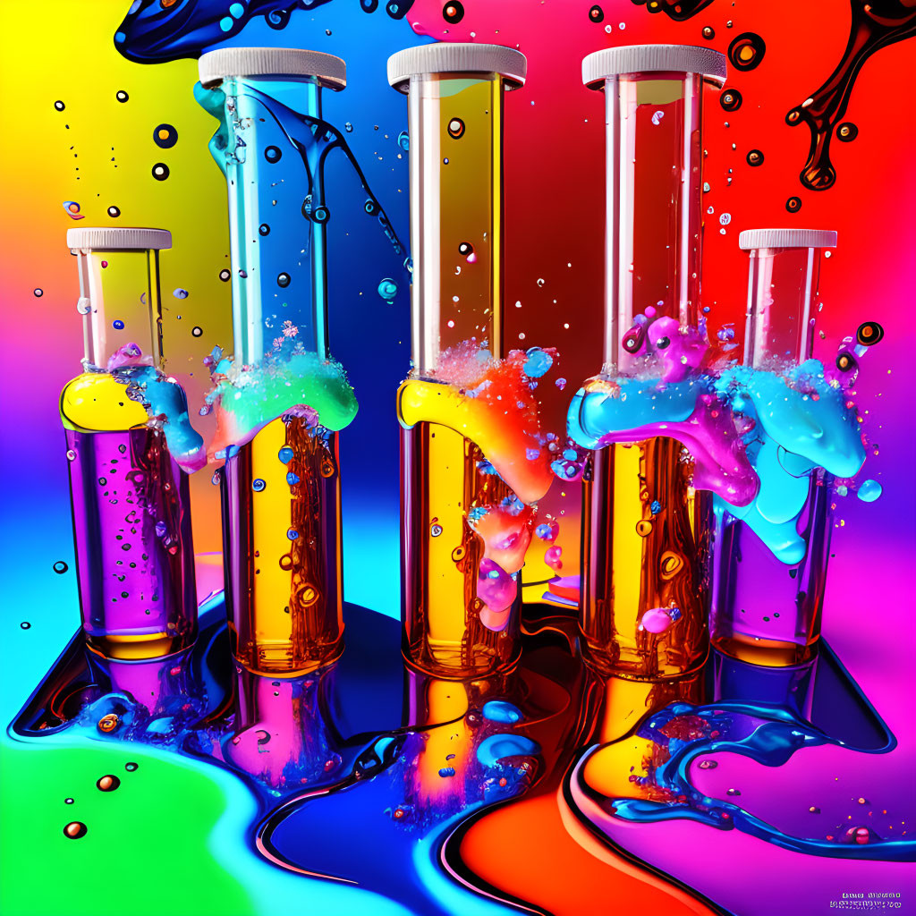 Colorful liquid overflow from syringes on rainbow background