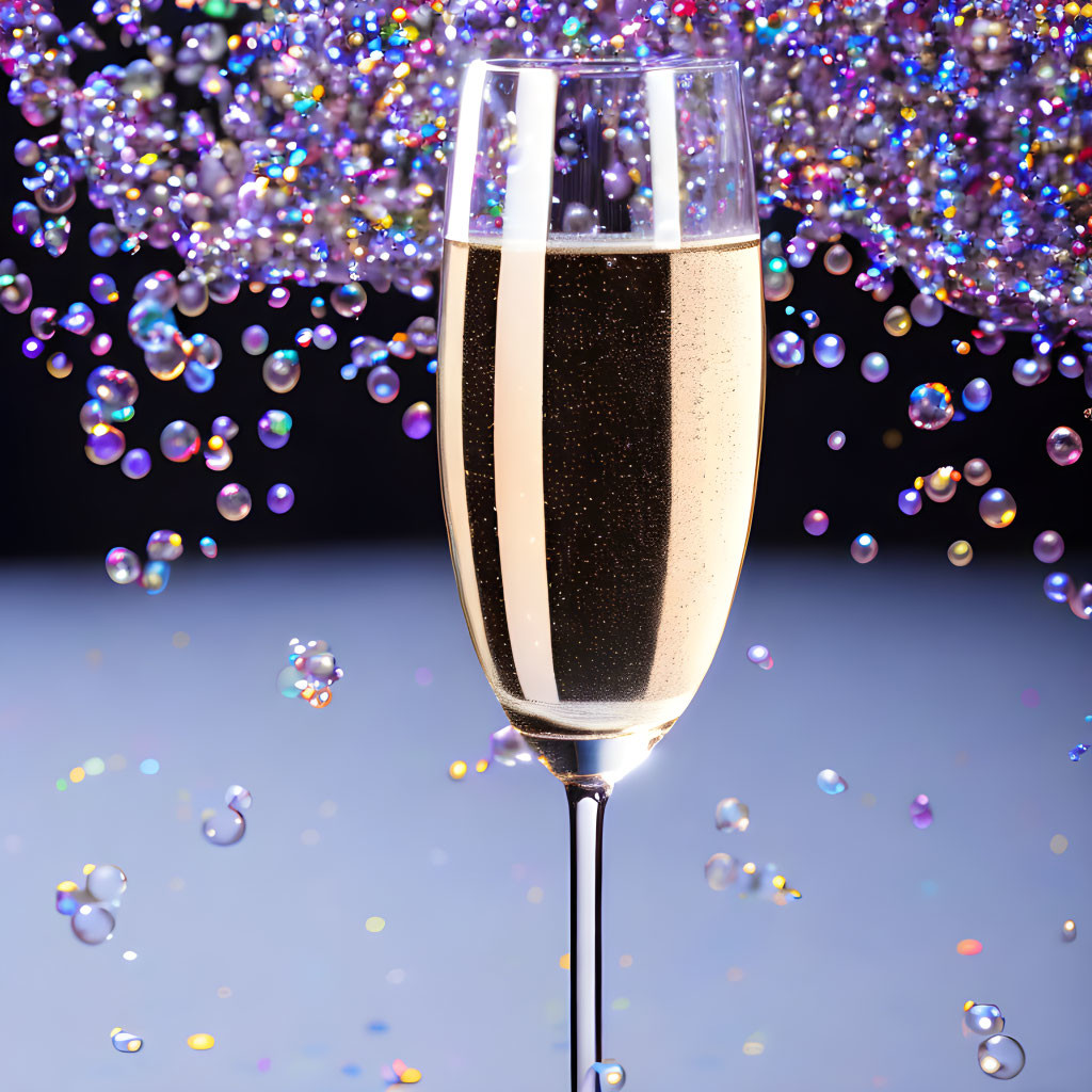 Iridescent Champagne Flute with Bubbles and Glitter Background