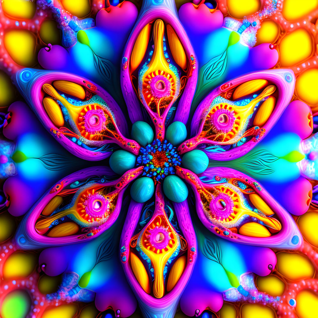 Symmetrical flower-like fractal art with vibrant colors