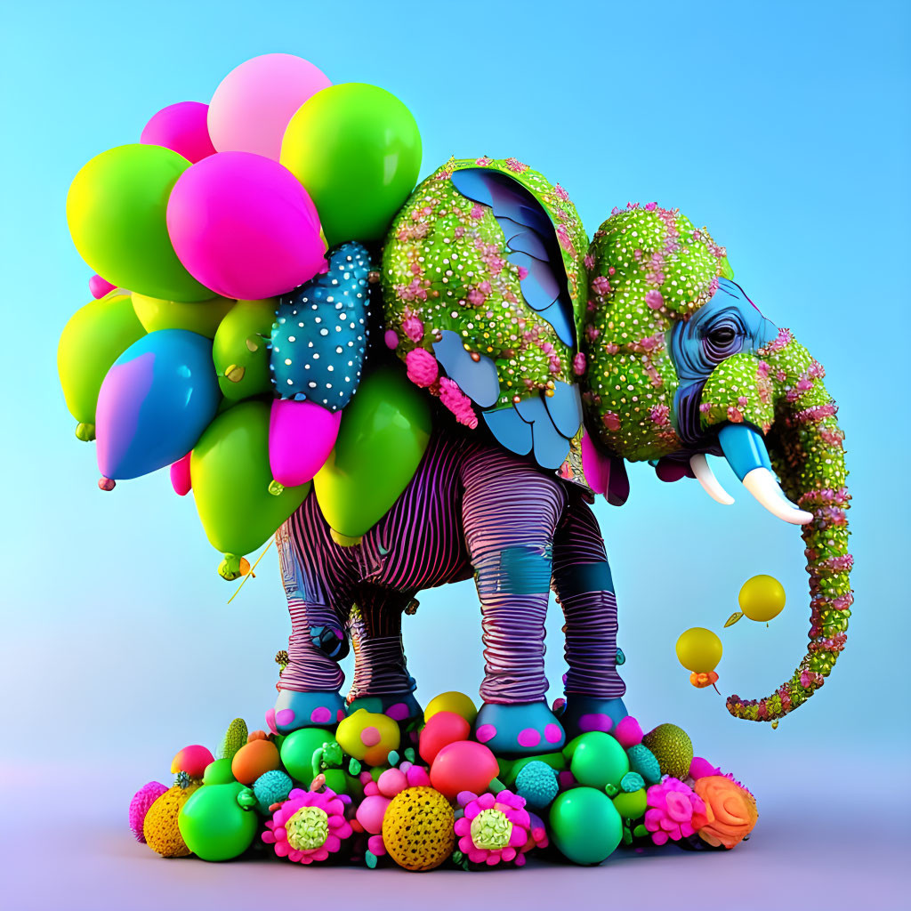 Vibrant illustration of elephant with balloons and spheres