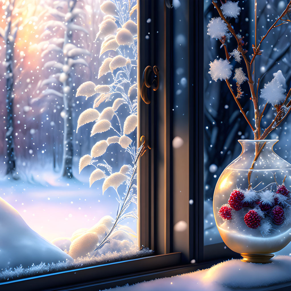 Snow-covered trees and falling snowflakes seen through a window in a serene winter scene