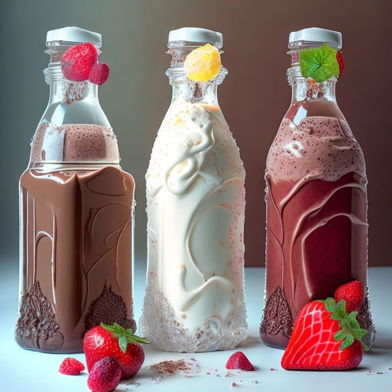 Milkshake bottles: chocolate, vanilla, strawberry, fruits, mint leaf