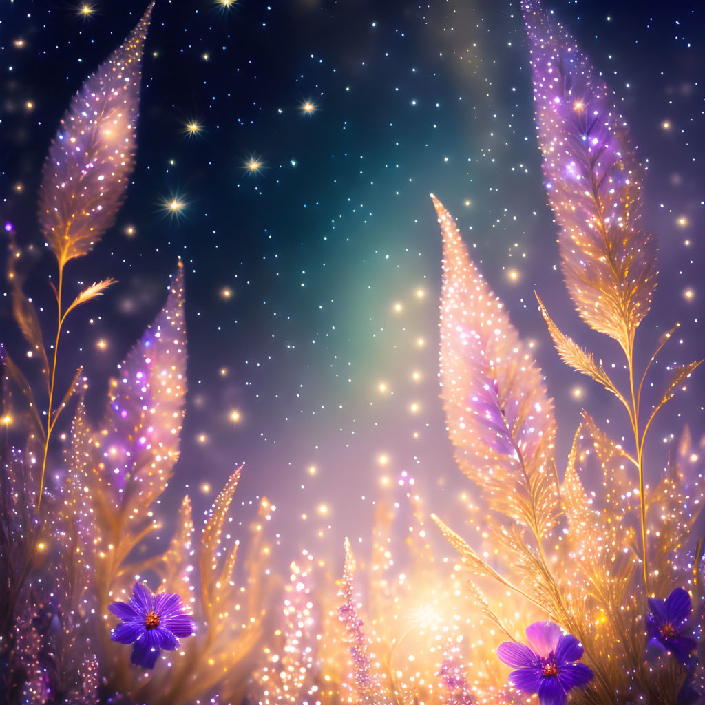 Purple Flowers and Golden Plants in Mystical Night Sky