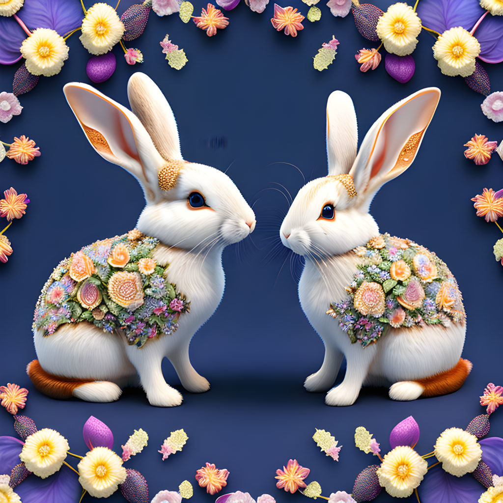 Ornate white rabbits with colorful floral patterns on blue background