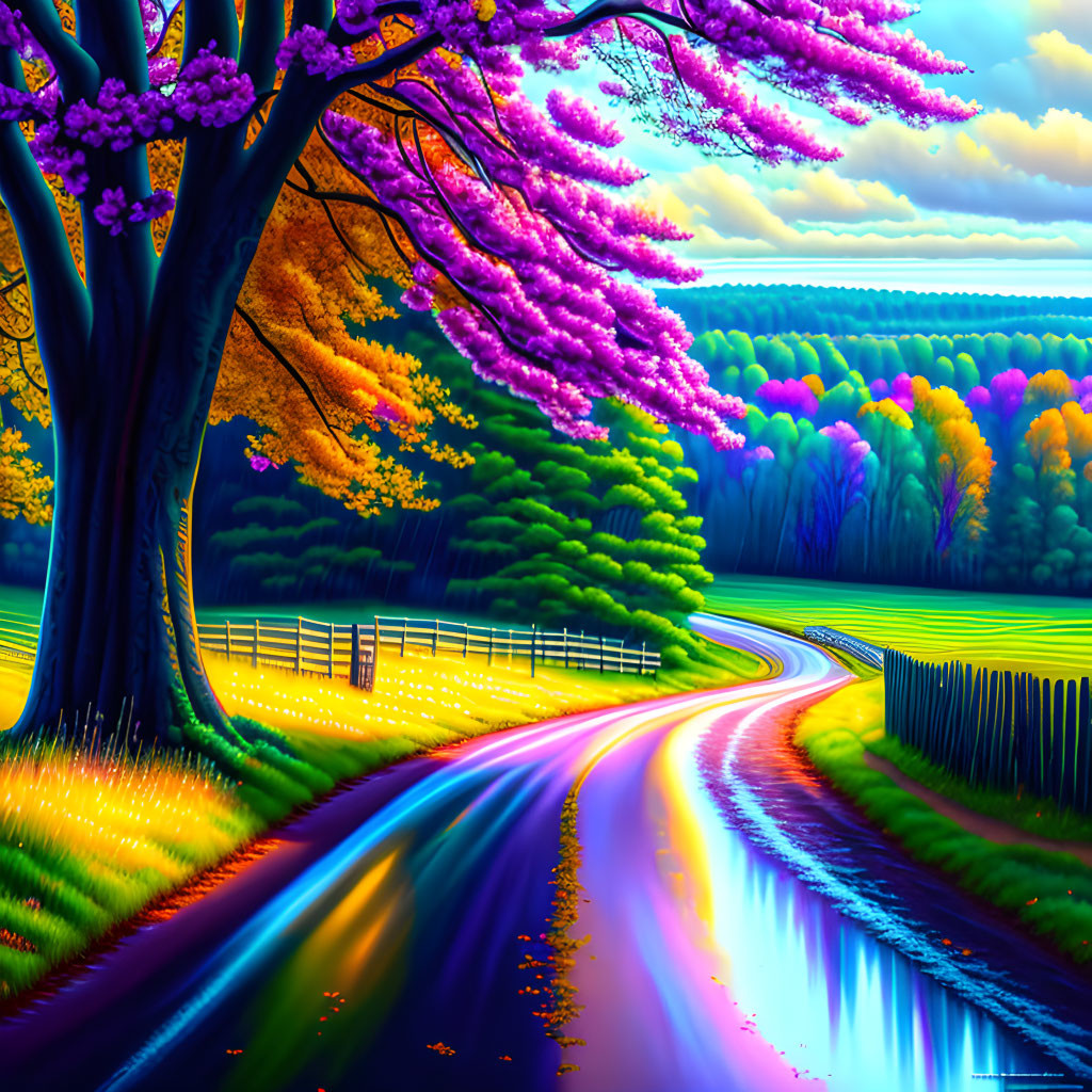 Colorful Trees and Winding Road in Lush Landscape