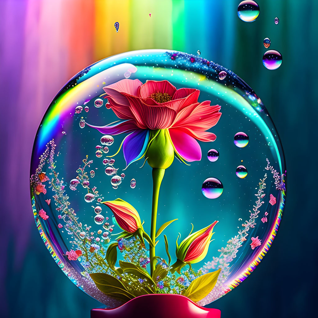 Colorful digital artwork featuring large bubble with red flower on rainbow background