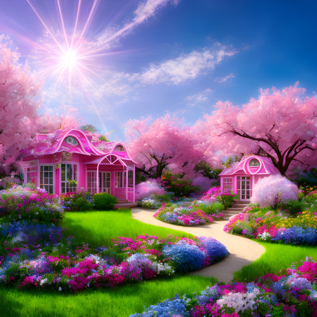 Colorful Fantasy Garden with Pink Houses and Cherry Trees