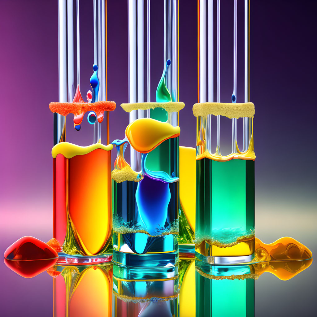 Vibrant liquid test tubes with dynamic drops on purple backdrop