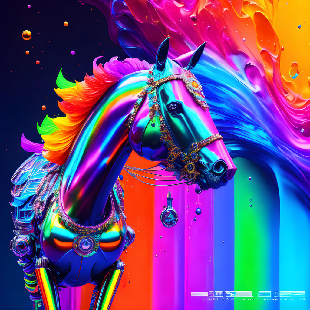 Colorful robotic horse digital artwork with dynamic liquid shapes