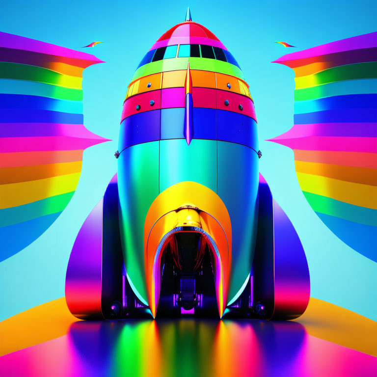 Symmetrical futuristic train with rainbow hues on blue background