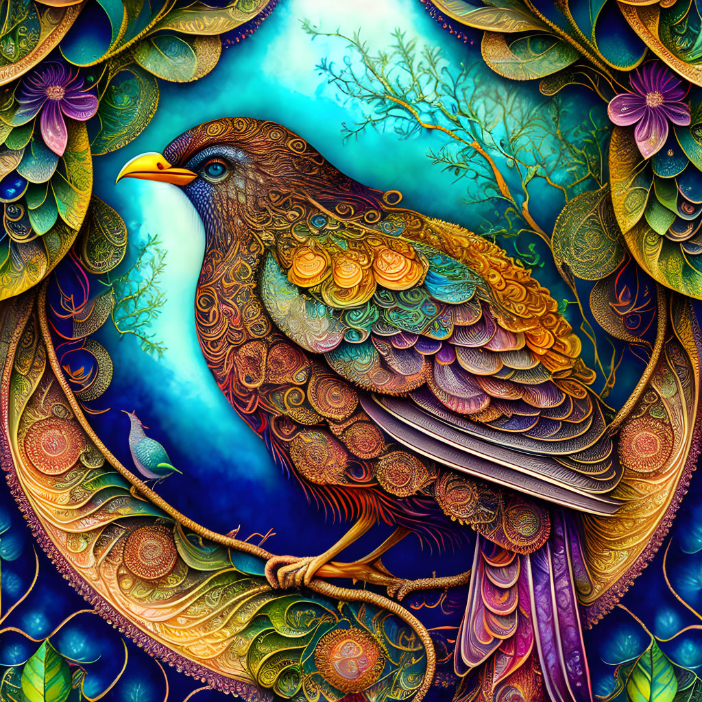 Colorful bird illustration on whimsical floral backdrop