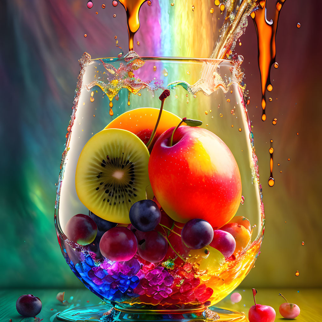 Vibrant fruit and liquid splash in glass on colorful background