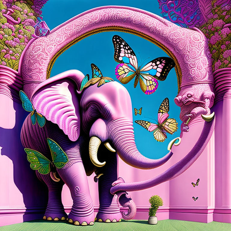 Surreal pink elephants with butterfly wings under arch on pink and blue background