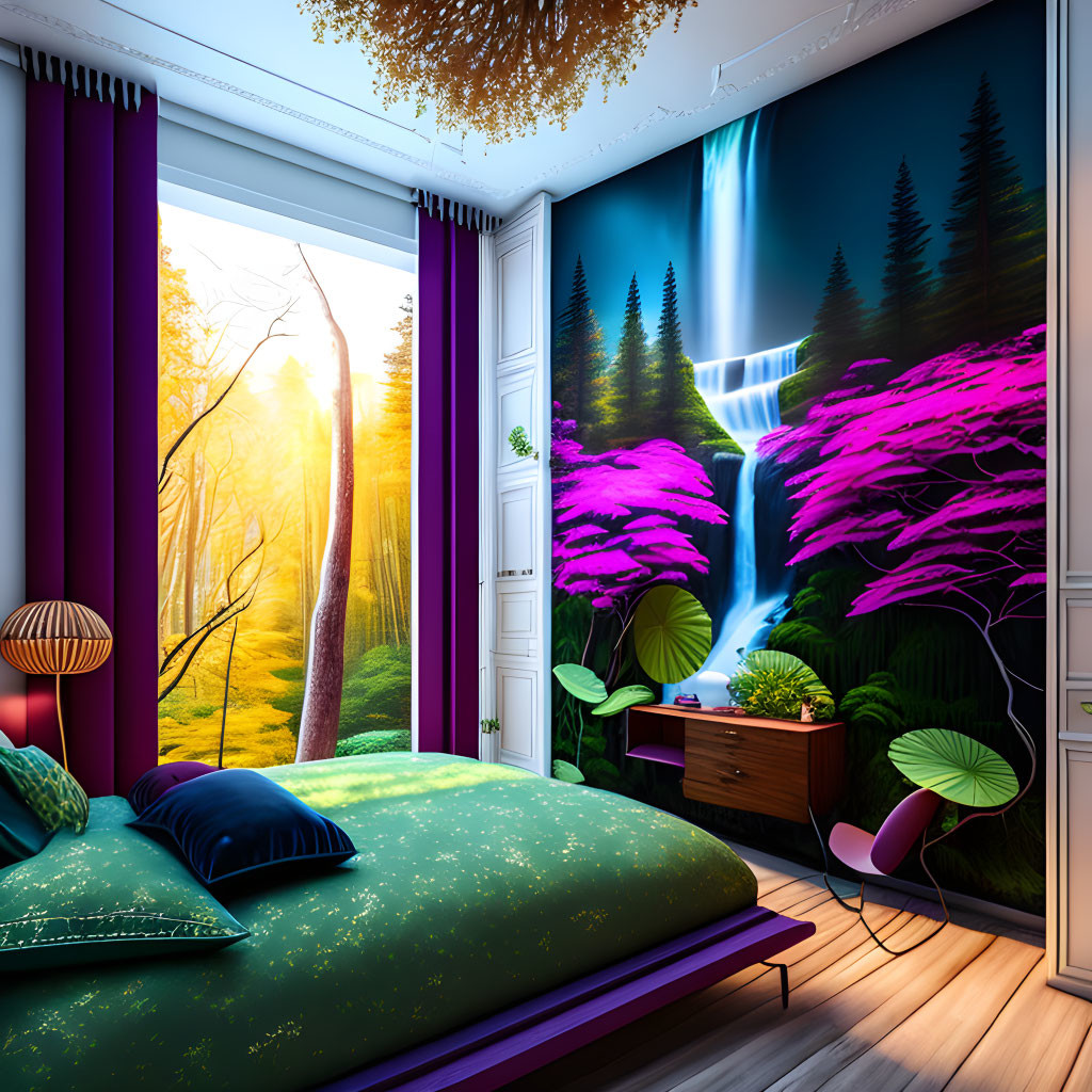 Colorful Bedroom with Forest and Waterfall Wall Murals, Green Bedding, Purple Curtains,