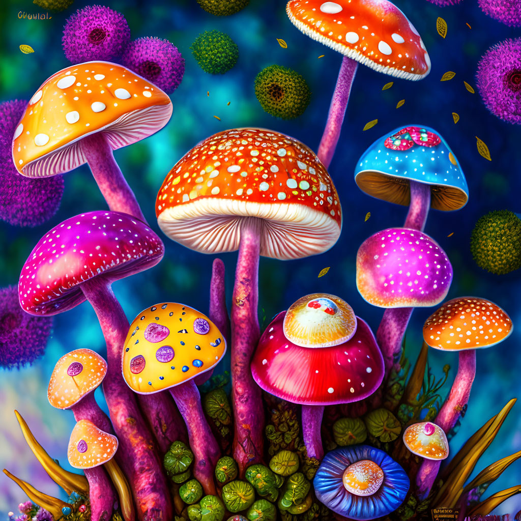 Vibrant Mushroom Illustration with Colorful Caps & Patterns