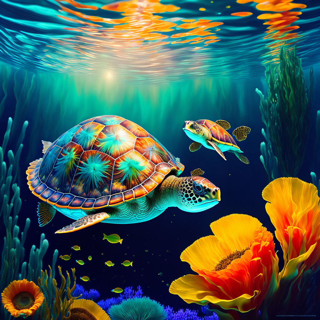 Vibrant sea turtles and coral reefs in shimmering underwater scene