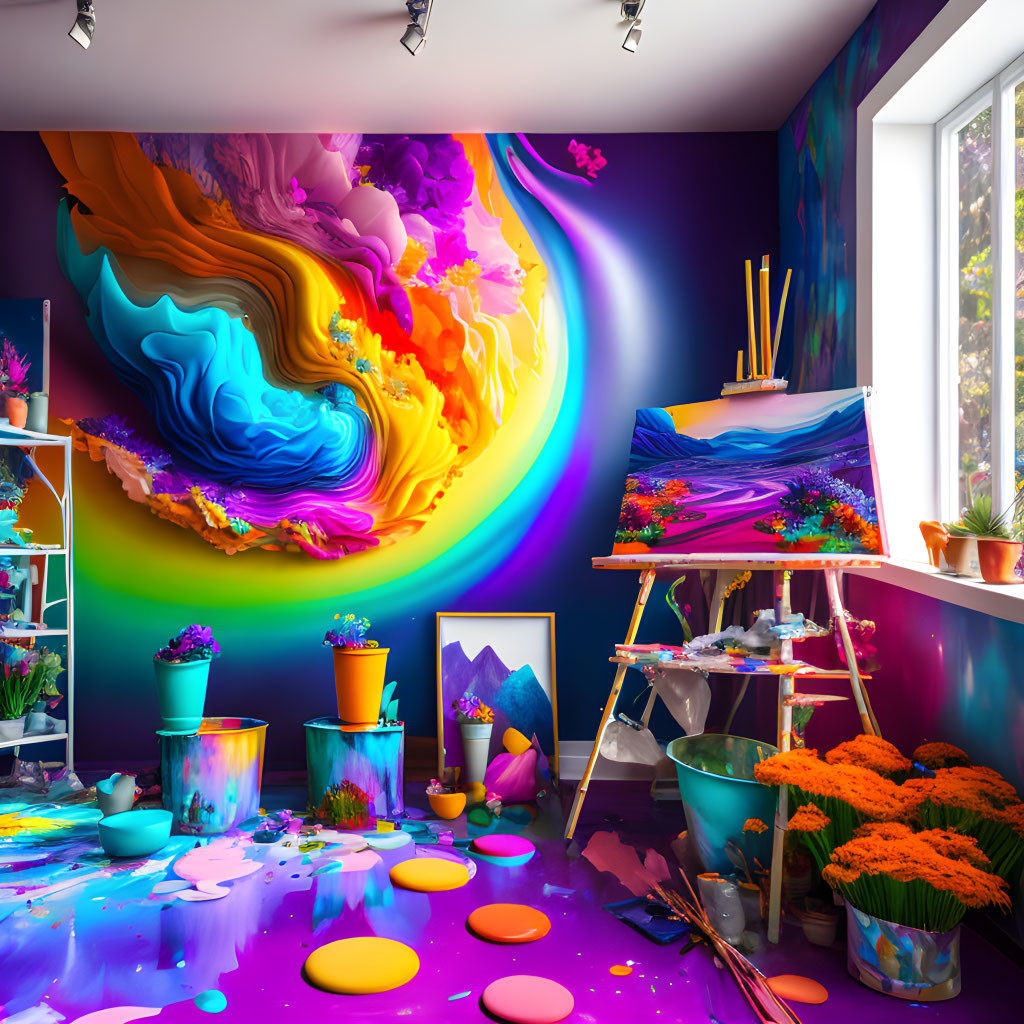 Colorful abstract mural and vibrant artist's studio with splattered paint, easel, canvases,