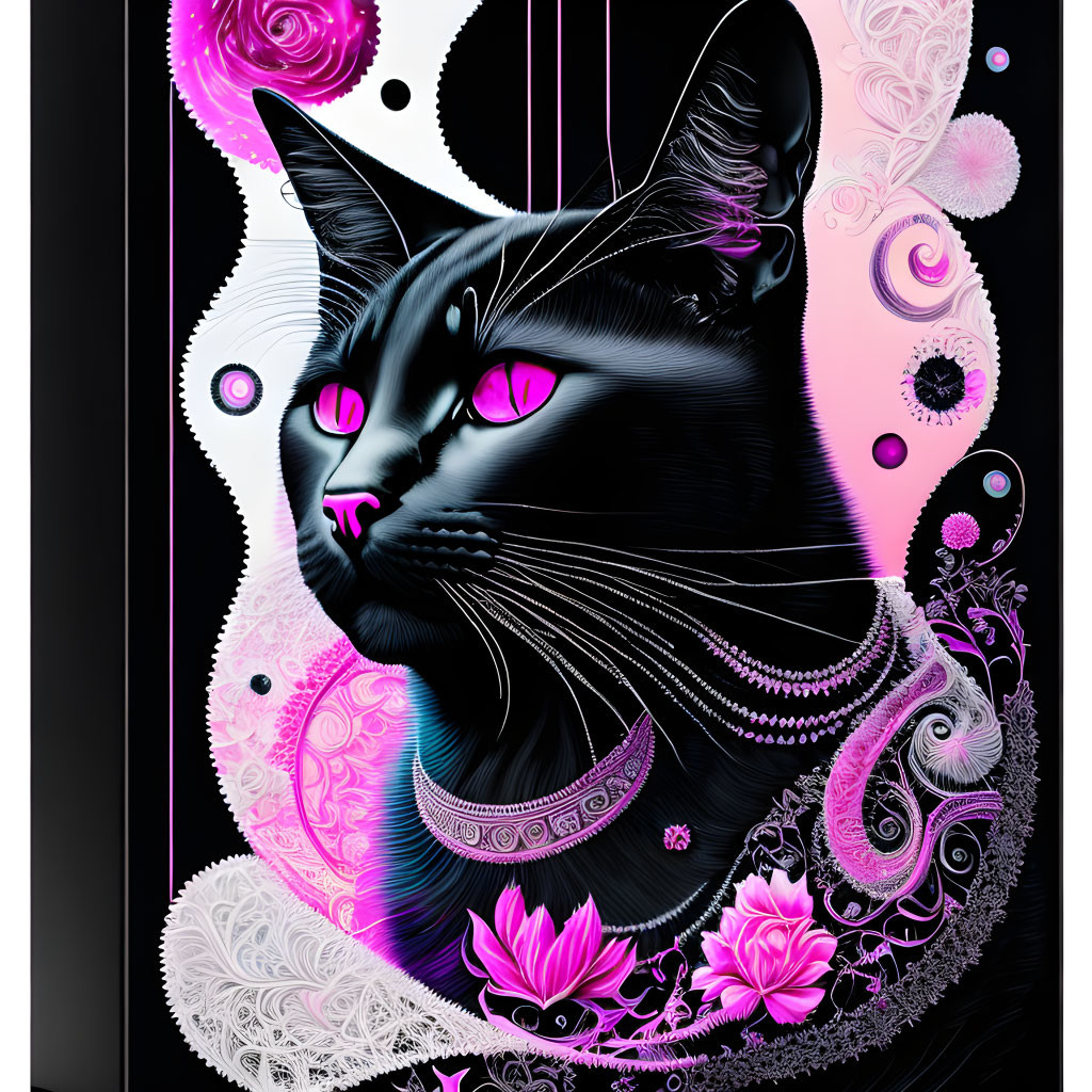 Stylized black cat illustration with pink eyes and floral patterns