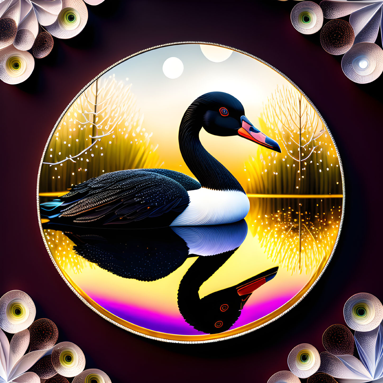 Stylized black swan illustration on lake at sunset with peacock feathers and tree silhouettes