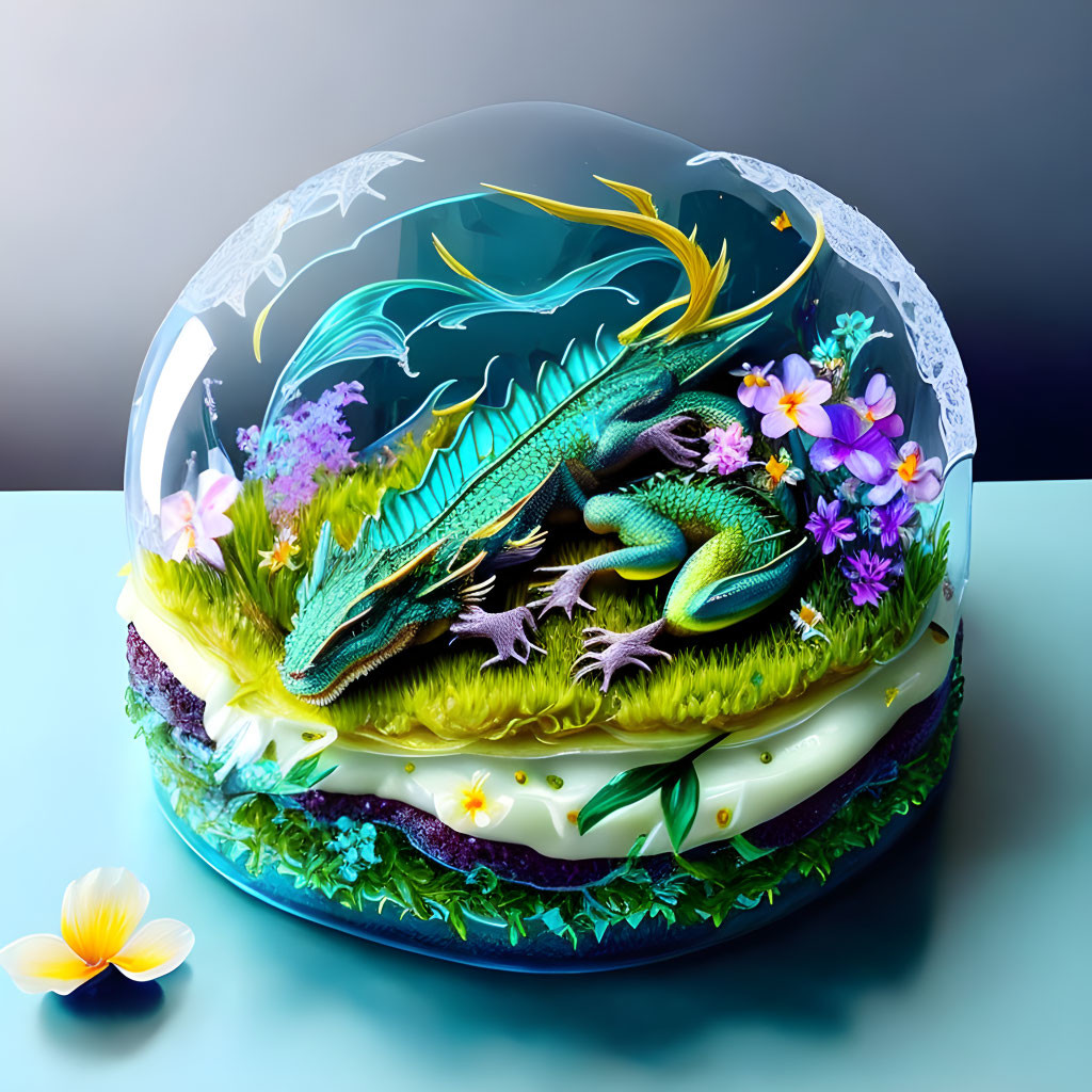 Colorful Dragon Artwork in Glass Dome with Flowers