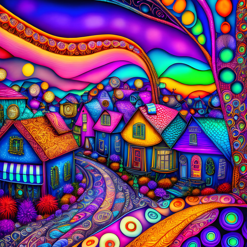 Colorful Psychedelic Digital Artwork: Whimsical Houses & Rainbow Orbs