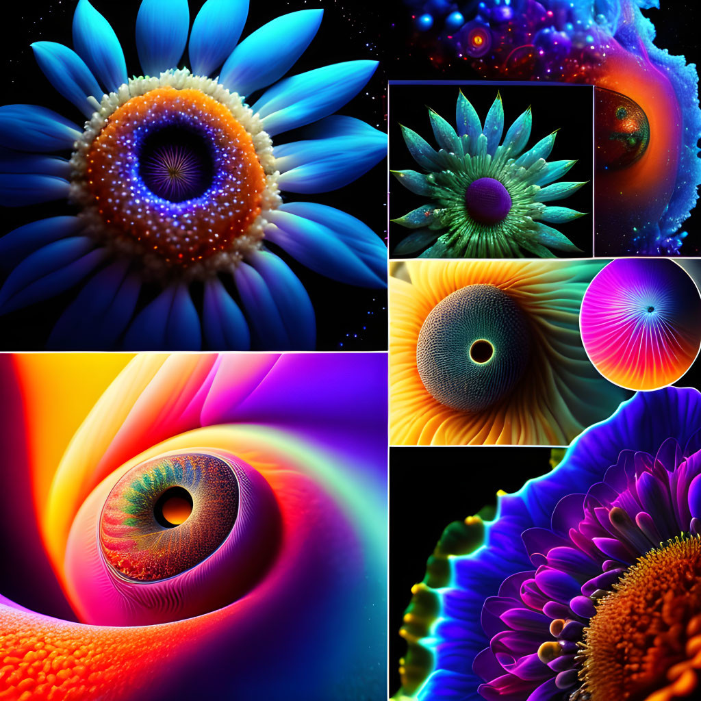 Colorful Abstract Collage with Vibrant Flower Patterns and Fractal Details