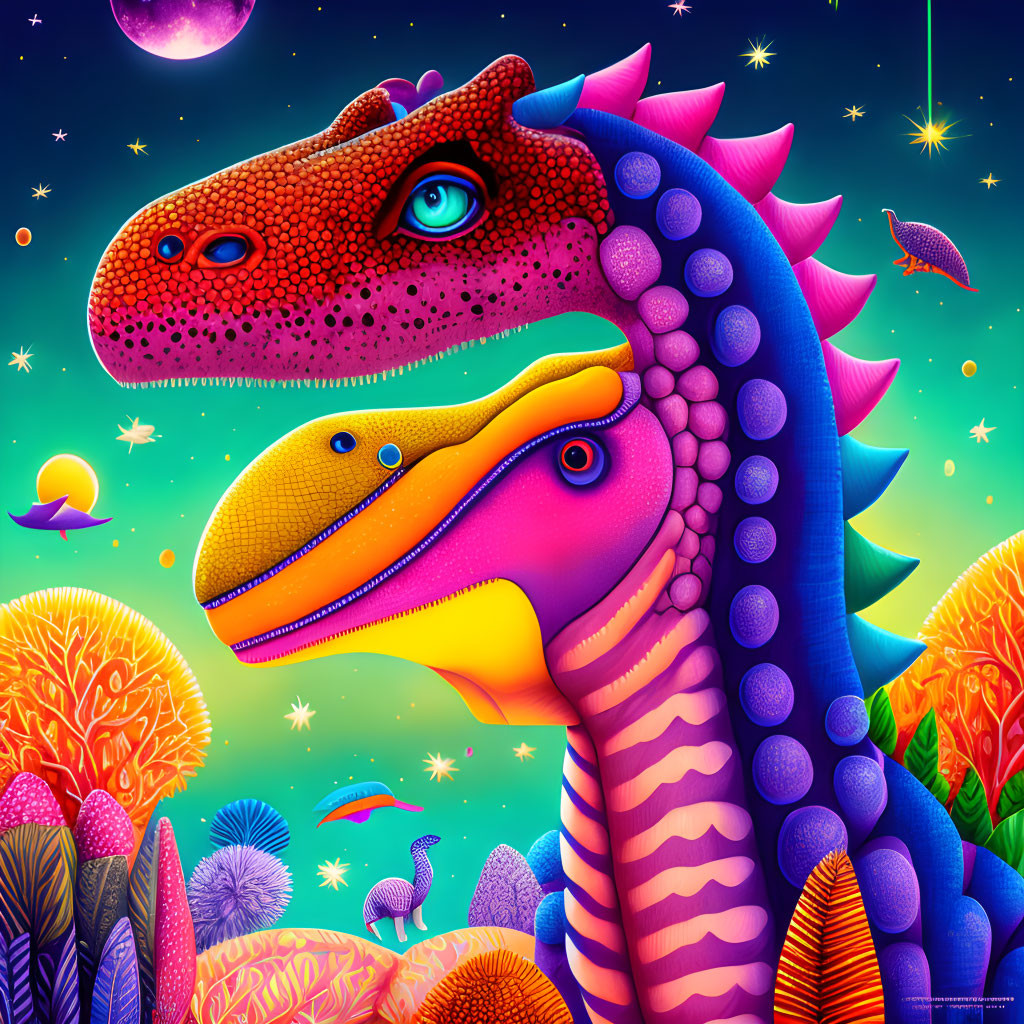 Vibrant dinosaur artwork with intricate patterns on skin