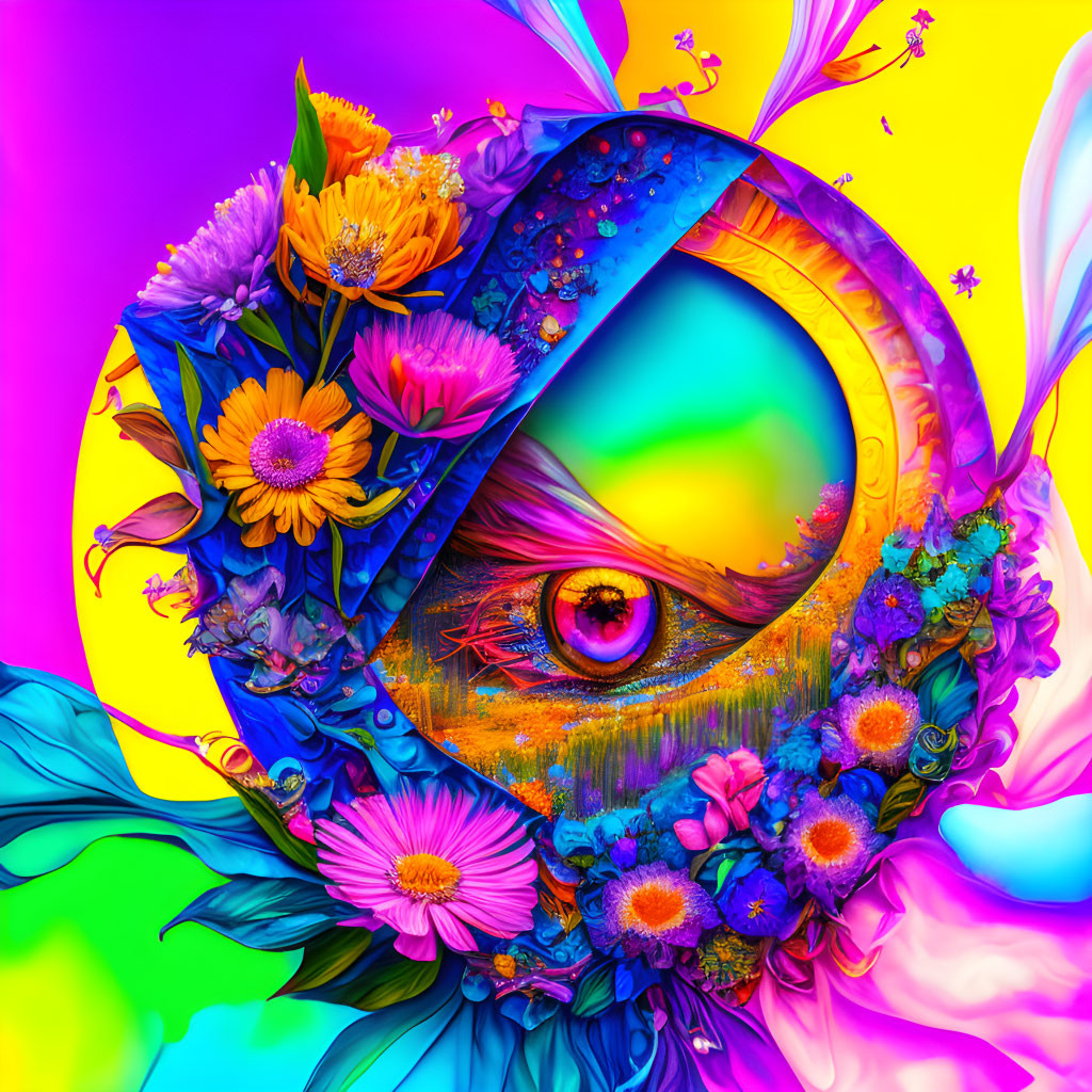 Colorful eye in teardrop shape with flowers on neon gradient.