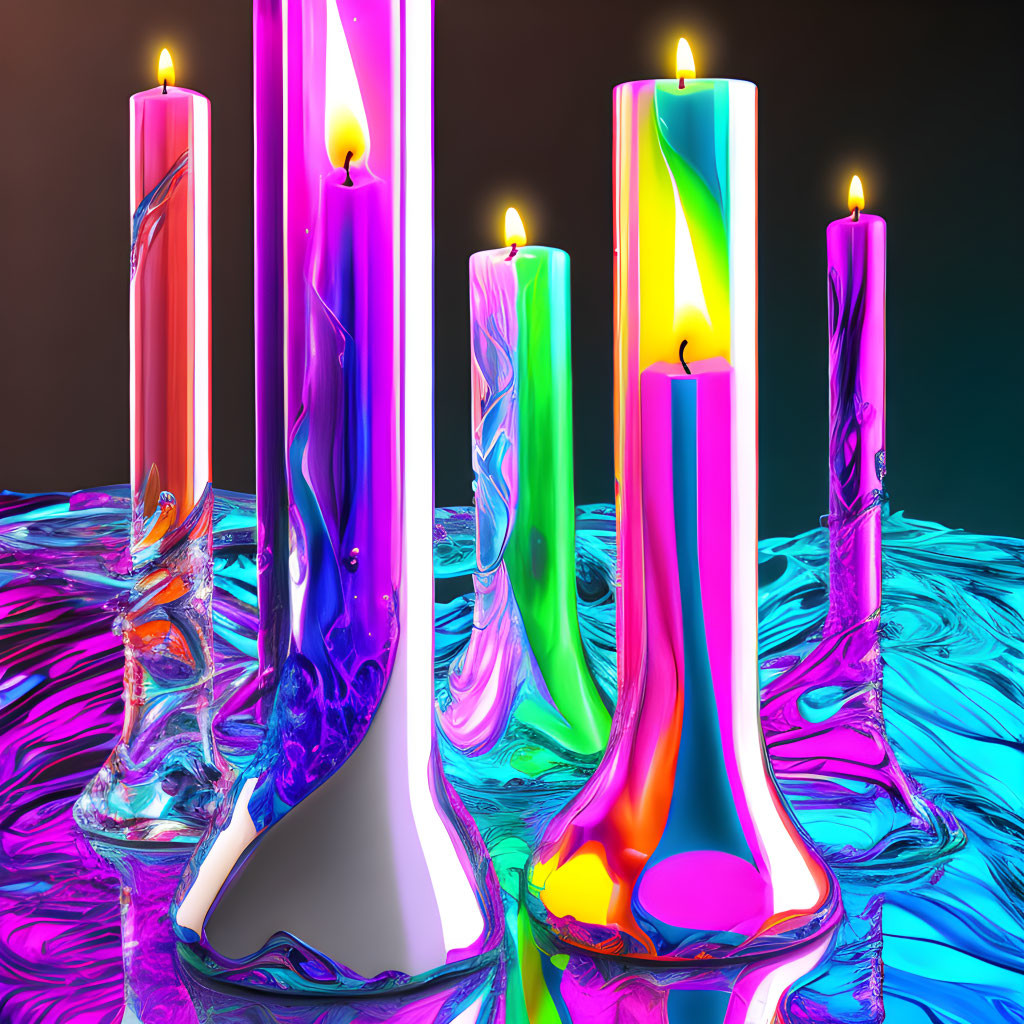 Colorful melting candles on reflective surface against dark background