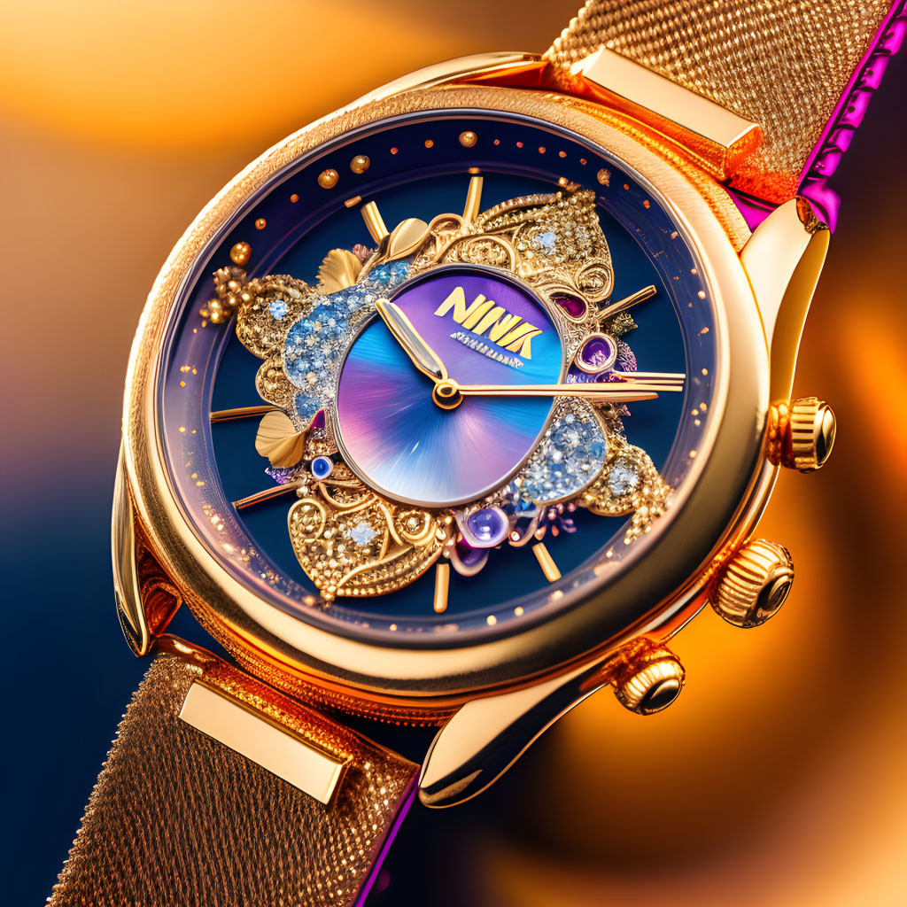 Luxurious Blue Dial Diamond Watch with Gold Casing & Purple Strap