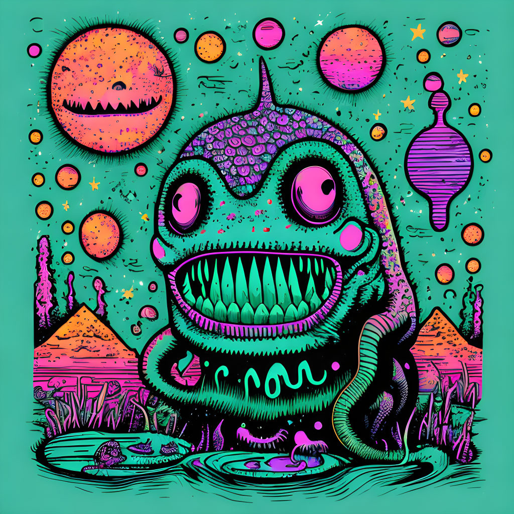 Colorful Psychedelic Monster Illustration with Planets and Stars