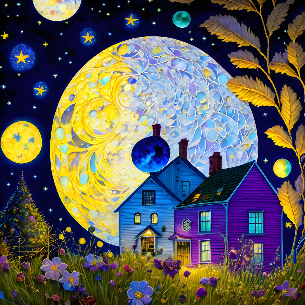 Whimsically colored fantasy illustration with moon and celestial bodies