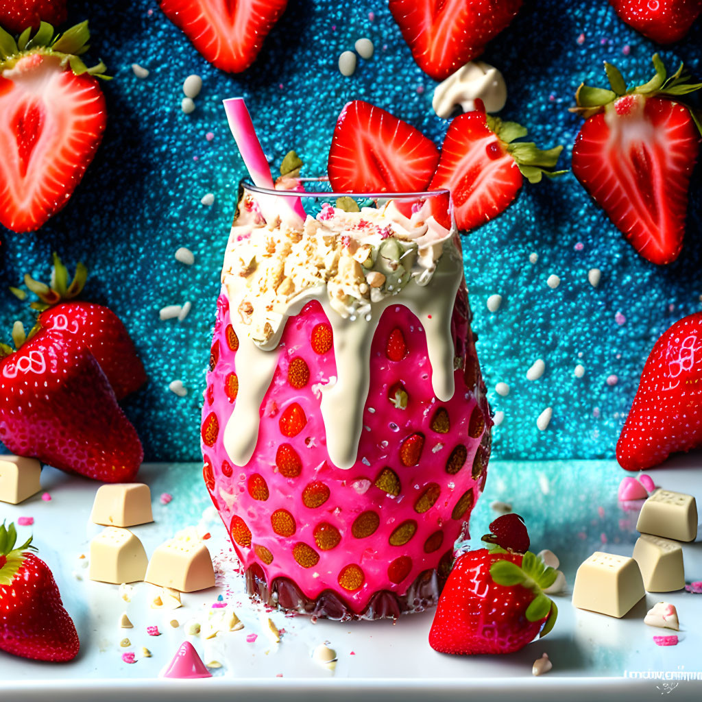 Colorful Strawberry Milkshake in Dotted Glass with Cream, Strawberries, and White Chocolate Cubes