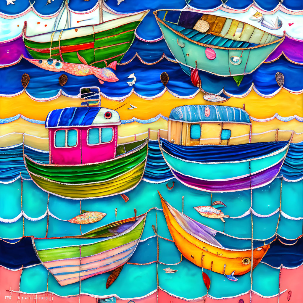 Vibrant painting of boats on textured blue water with fish swimming